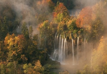 Croatia National Park - clouds, waterfalls, greenroofs, foggy, morning, park, croatia