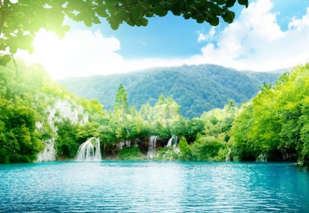 Hidden paradise - mounts, forest, paradise, blue, summer, waterfalls, sunny, clarity