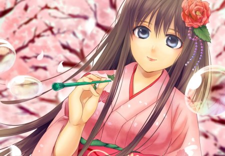 Bubbles - pretty, anime, female, maiden, pink, long hair, nice, anime girl, beautiful, hot, girl, beauty, kimono, lovely, sweet, flower, yukata, lady, bubbles, cute, floral, sexy, close up