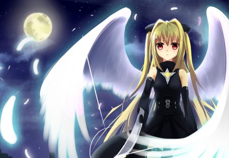 Night Angel - anime, female, wing, blonde, angel, blond hair, night, light, long hair, dark, armor, blond, weapon, sparks, sky, moon, anime girl, hot, girl, sword, blonde hair, feather, red eyes, blade, glow, wings, cute, sexy