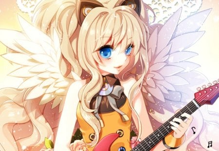 SeeU - pretty, anime, vocaloid, kawaii, female, wing, blonde, angel, blond hair, long hair, guitar, blond, nice, blue eyes, anime girl, hot, girl, blonde hair, feather, seeu, lovely, sweet, wings, cute, sexy, vocaloids