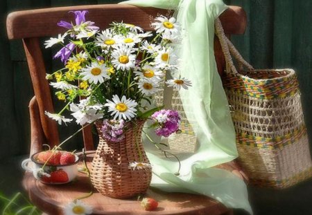 Still life - vase, strawberries, summer, colors, still life, bag, chair, flowers, daisies, nature, hand work, field, braided, fruits