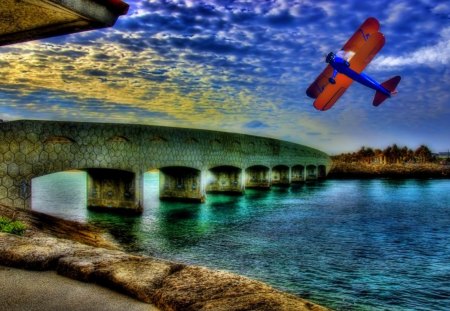 Plane - plane, HDR, cloud, smoke, tree, blackground, bridge