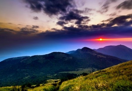 CRIMSON SUNSET - clouds, trees, hills, China, National Park, Taiwan, grass, night, crimson sunset, mountains, sun, sky