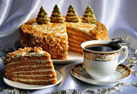 A cup of coffee and a slice of cake