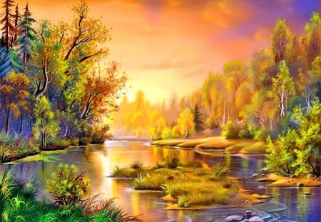 Life-giving rays - pretty, creek, stream, grass, forest, light, reflection, shore, life-giving, riverbank, lake, nice, sky, clouds, trees, water, beautiful, pond, lovely, glow, nature, rays, painting, fiery, shine