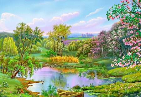 Blooming time - pretty, blossoms, grass, spring, forest, shore, field, lake, nice, sky, clouds, greenery, trees, beautiful, pond, lovely, blooming, pier, colorful, river, nature, green, time, painting