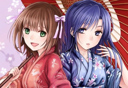 Under 1 Umbrella - anime, female, green eyes, long hair, happy, umbrella, blue hair, ribbon, blue eyes, anime girl, hot, girl, kimono, brown hair, yukata, smile, cute, sexy