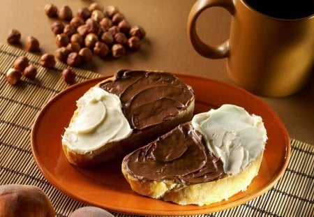 Good morning! - nuts, brown, food, chocolate, tea, sweet, good morning, creme, butter, cup