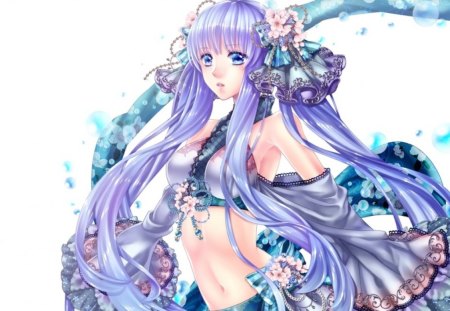 Dancer - realistic, female, hot, water, anime girl, simple, bubbles, white, anime, cute, sexy, girl, blue eyes, long hair, purple hair, cg, plain, 3d