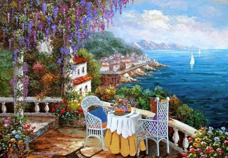 By Sharie Hutchett Bohlman - painting, art, chair, terrace, sea, flower