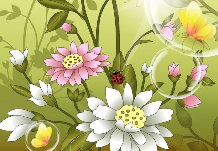 Flowers Devine - summer, ladybug, fragrant, spring, fleurs, pink, flowers, white, green, garden, lady bug, floral