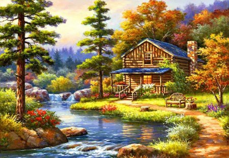 Countryside paradise - pretty, summer, cabin, creek, stream, forest, reflection, calmness, flowers, path, countryside, shore, paradise, nice, cottage, house, trees, water, beautiful, lovely, village, river, waterfall, painting, serenity, peaceful