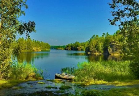 Boat on lakeshore - summer, forest, boat, beautiful, grass, lakeshore, nature, greenery, pretty, shore, lake, sky, pond, nice, lovely, trees, calm, green