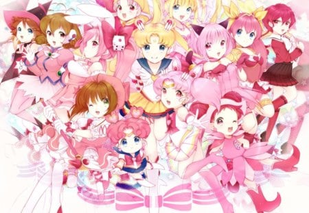 Magical Girls - female, pink, blond, Mermaid Melody Pichi Pichi Pitch, Ojam, Momomiya Ichigo, Cardcaptor Sakura, Tsukino Usagi, Tsukino Chibiusa, hot, Kasuga Yui, white, Sawanoguchi Sae, cute, sexy, Usada Hikaru, Harukaze Doremi, Corrector Yui, anime, kawaii, Shidou Hikaru, Princess Silver, blonde, blond hair, long hair, magical, group, short hair, Rabi-en-rose, plain, Di Gi Charat, Magic Knight Rayearth, pink hair, anime girl, twintails, girl, simple, blonde hair, brown hair, Nanami Luchia, Mahou Tsukai Tai, Hansaki Momoko, magical girl, ChibiChibi, Sakura Kinomoto