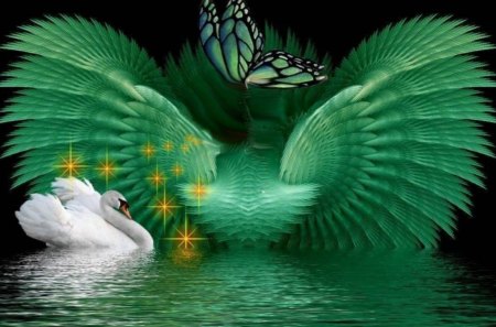 Butterfly and Swan Fractal reflection - swan, fractal, reflection, 3d, butterflies