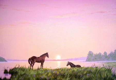 By Kolb Sergey - sunset, painting, Kolb Sergey, art, horse