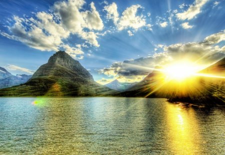 magnificent lake sunrise hdr - hdr, lake mountains, sunrise, clouds