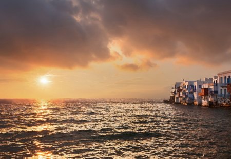 fabulous sunset on mykanos greece - clouds, sea, sunset, town