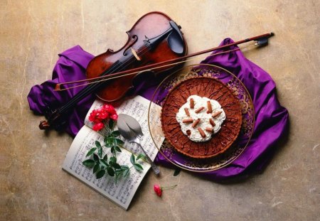 A thank you - dessert, purple, bow, rose, violin, music