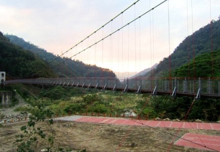 The suspension bridge in twilight - twilight, suspension bridge, mountain, valley