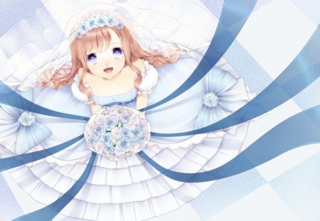 Cute Bride - roses, pretty, female, happy, purple eyes, nice, blue eyes, veil, gown, bride, hot, wedding, flower, bouquet, cute, floral, sexy, anime, elegant, divine, kawaii, dress, wed, long hair, gorgeous, ribbon, anime girl, girl, lovely, brown hair, sweet, smile, rose