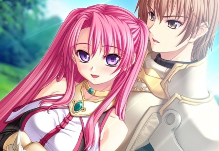 Hold Me - lover, male, armor, couple, love, brown hair, anime, knight, lovely, female, romantic, guy, purple eyes, happy, cute, beautiful, hot, girl, anime girl, pink hair, pretty, handsome, short hair, beauty, sweet, romance, long hair, nice, brown eyes, smile, sexy, hug, boy