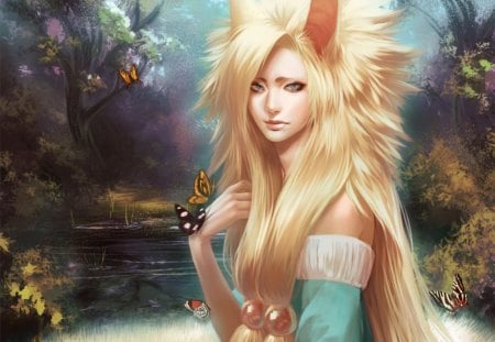 Lady Kitsune - tails, fur, neko mimi, hot, wings, anime girl, nekomimi, blond hair, blonde hair, lady, sexy, long hair, ears, butterfly, woods, forest, beautiful, 3d, kitsune, sweet, nice, realistic, beauty, female, water, blond, fantasy, anime, plant, tree, maiden, neko, girl, lovely, cg, wing, blonde