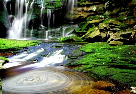 WATERFALLS - waterfalls, circles, water, on, grass, stones, rocks