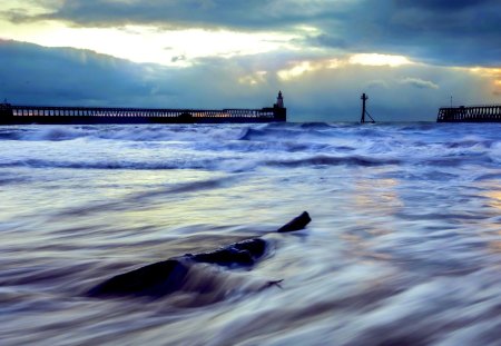 SEA ~ NIGHT VIEW - pier, lighthouse, landscape, night, sea, port