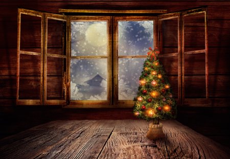 Christmas tree - cottage, new year, meet, magic, countryside, cold, holiday, frozen, snowy, little, fence, light, park, snowflakes, deer, forest, snow, beautiful, frost, cabin, nice, sky, trees, painting, home, pretty, mood, house, care, alleys, tree, ice, girl, winter, warmth, yard, lovely, christmas, village, kindness, roe