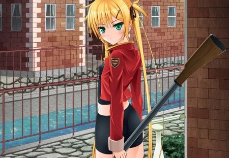 Anime - street, female, hot, blond, water, anime girl, road, blond hair, blonde hair, anime, house, drain, cute, wndow, sexy, building, gate, girl, twintails, long hair, green eyes, town, city, uniform, blonde