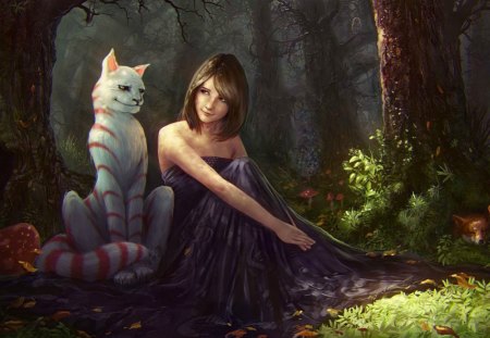 Alice in Wonderland - mushroom, cat, girl, fantasy, fox, painting, alice, white, art, purple, forest, wonderland, red, animal, green, tree