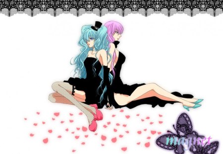 two girls cute - dresses, girls, black, cute, white, megurine, luka, hearts, pink, sweet, long hair, legs, petals, pull ups, nice, lovely, sexy, bows