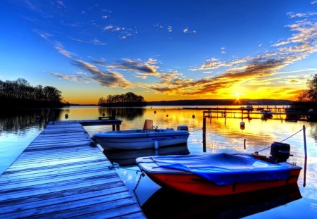 GOOD EVENING - lake, pier, trees, sunset, boats, mountain