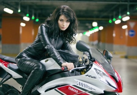 babe on bike - black, leather, girl, bikes