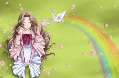 I'll change this World - bird, anime, female, wing, dress, long hair, geass, rainbow, blind, origami, ribbon, nunnally, field, gown, anime girl, hot, girl, brown hair, flower, paper crane, wings, cute, crane, floral, sexy, code geass