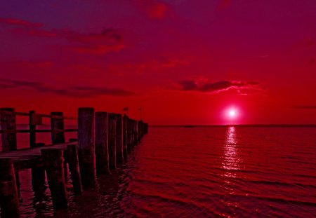 PINK SUNSET - pier, pink, nature, sunset