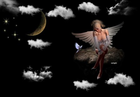 angel and pigeon - moon, star, pigeon, angel, stars, sweet, black, fantasy, cloud, sky