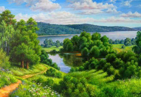 Near Volga - nice, sky, slope, trees, peaceful, riverbank, greenery, water, wildflowqers, spring, painting, view, pretty, clouds, river, green, grass, russia, summer, shore, lovely, pathway, volga, forest, beautiful, flowers