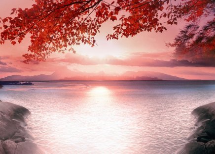 âœ°Reaction of Silver Lightâœ° - horizon, autumn, sky, sunshine, trees, stock images, colorful, mountains, rocks, reflections, reactions, cool, clouds, sunsets, rivers, splendid, magnificent, lake, sunlight, lovely, resources, red leaves, nature, premade, rays of light, backgrounds, beautiful, splendor, colors, reaction