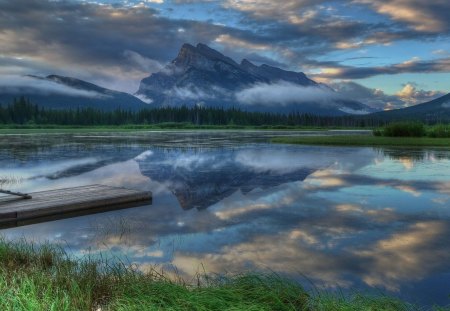 magnificent lakescape hdr - float dock, lake, forest, reflection, clouds, mountains, hdr