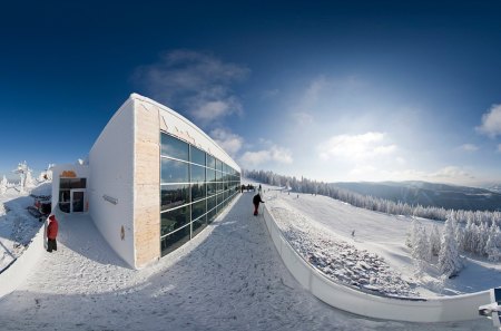 panoramic view of the top of a ski lift - lift, ski, winter, panorama, mountain, sun, glass