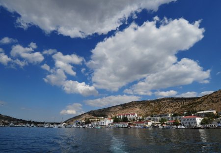 seaside balaklava under big sky - city, hills, seaside, clouds