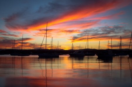 boats at sunset - boats, wate, shore, sunset