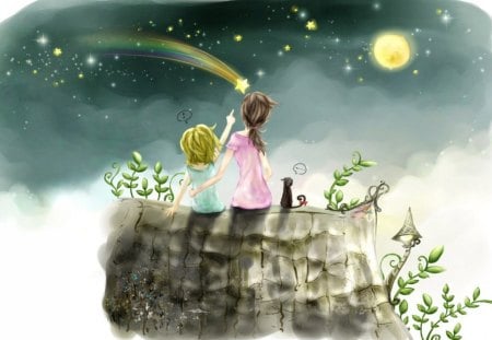 With Mom in a dreamy night - draw, boy, paint, mom, starry, night, child, dreams