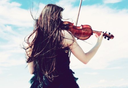 Violinist - clouds, wind, sunny, violin, dress, brunette, asian, sky