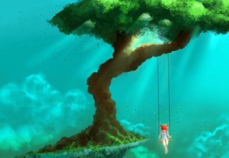 A tree swing - girl, hills, blue, green, child, tree, fantasy, dreamy