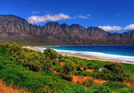 Beautiful resort - trees, hills, blue, landscape, ocean, resort, mountains, beaces