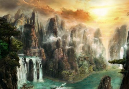 Fantasy world - afternoon, clouds, waterfalls, fantasy, sunset, foggy, max antonov